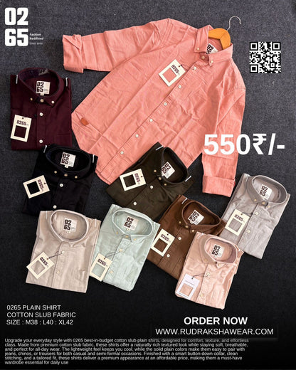 0265 Cotton Slub Fabric Full Sleeve Shirt | Button Down Collar | Back side Box Pleated