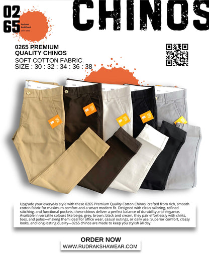 0265 Premium Cotton Chinos | Cross Pockets | Smooth Zipper | 95% Cotton 5% Spandex |Length 40"