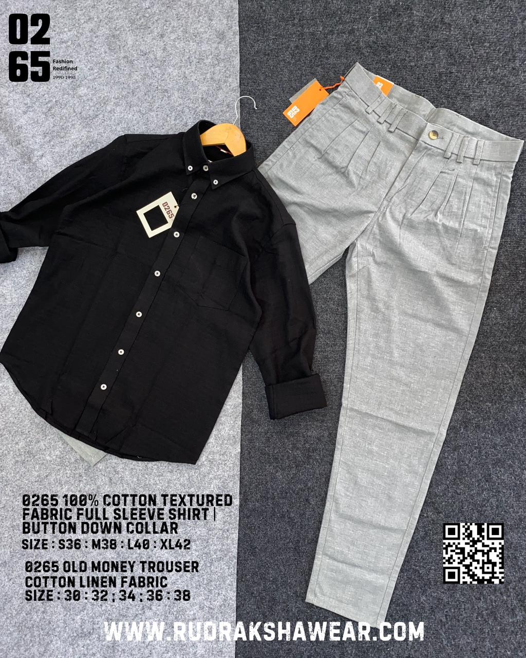 Combo - 0265 Texture Fabric Full Sleeve Shirt + 0265 Old Money Cotton Linen Trousers | Trouser Length 39"/39.5"