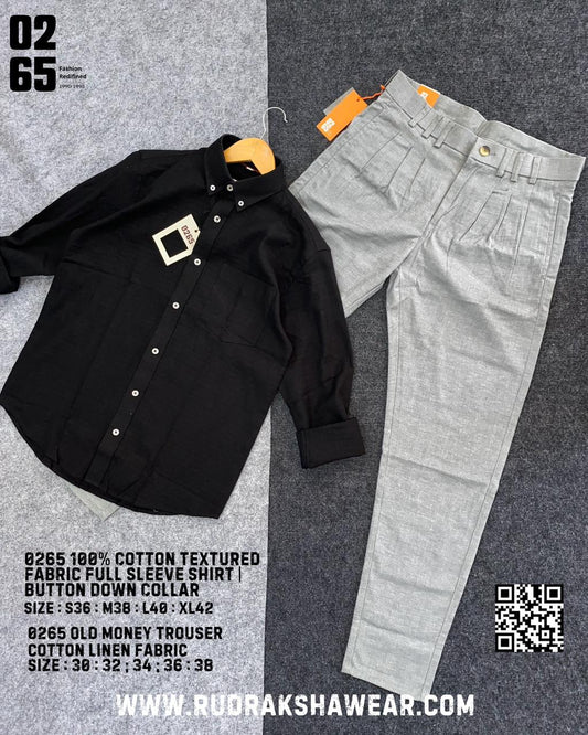 Combo - 0265 Texture Fabric Full Sleeve Shirt + 0265 Old Money Cotton Linen Trousers | Trouser Length 39"/39.5"