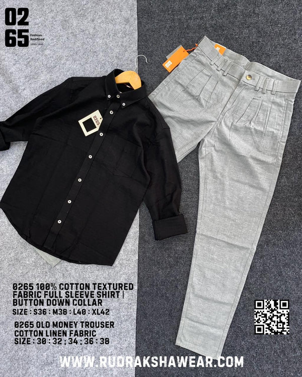 Combo - 0265 Texture Fabric Full Sleeve Shirt + 0265 Old Money Cotton Linen Trousers | Trouser Length 39"/39.5"