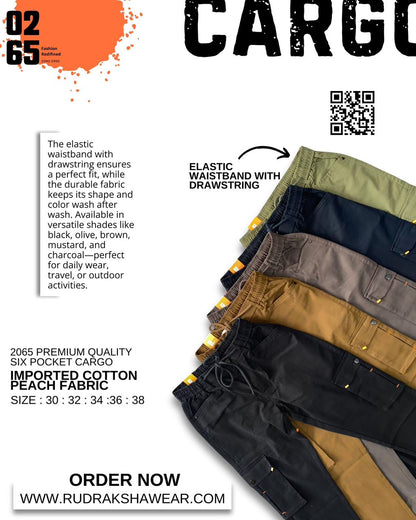 0265 Premium Imported Cotton Peach Fabric 6 Pocket Cargo | Orange Bar Tacks | Smooth Finished Fabric | Elastic Waistband With Drawstring | For All Day Comfort & Style