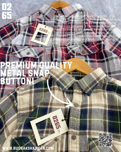 0265 Premium Brushing Double Pocket Full Sleeve Shirt | 100% Cotton Fabric | Ultra Soft | Metal Push Buttons