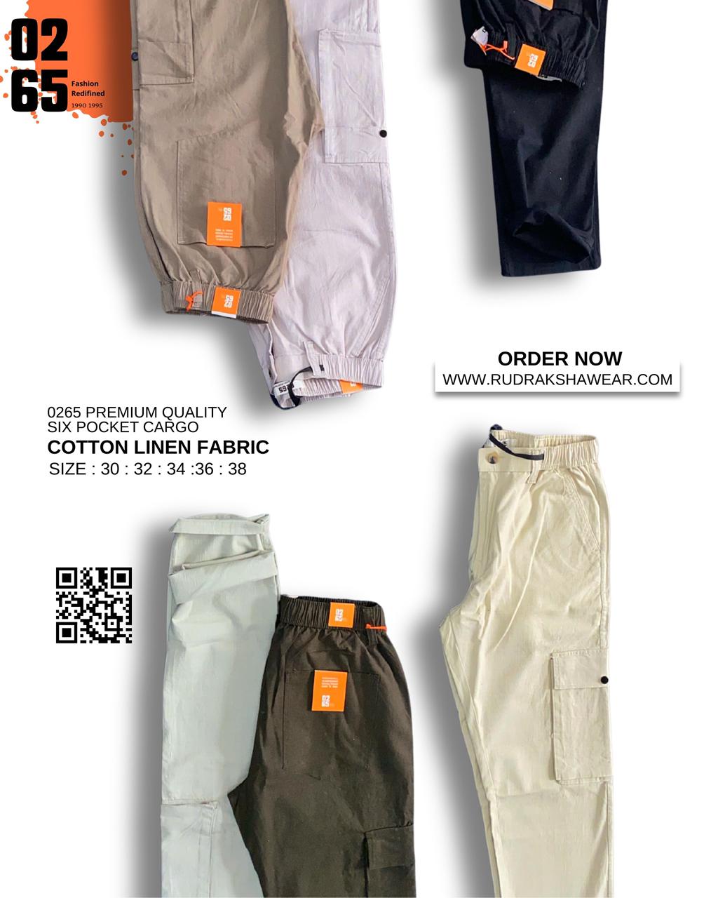 0265 Premium 6 pockets cargo | Cotton Linen Fabric | Box Pocket on side | Belt loops | Drawstring | Durable elastic band on waist | Trending Article