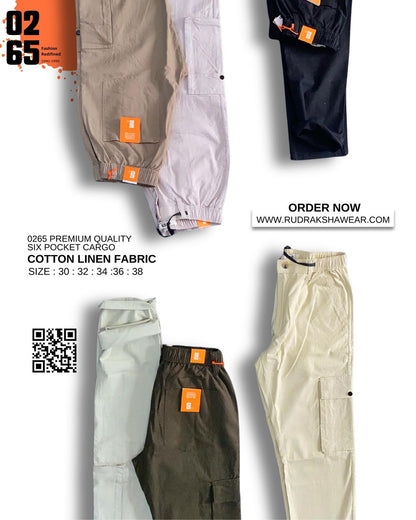 0265 Premium 6 pockets cargo | Cotton Linen Fabric | Box Pocket on side | Belt loops | Drawstring | Durable elastic band on waist | Trending Article