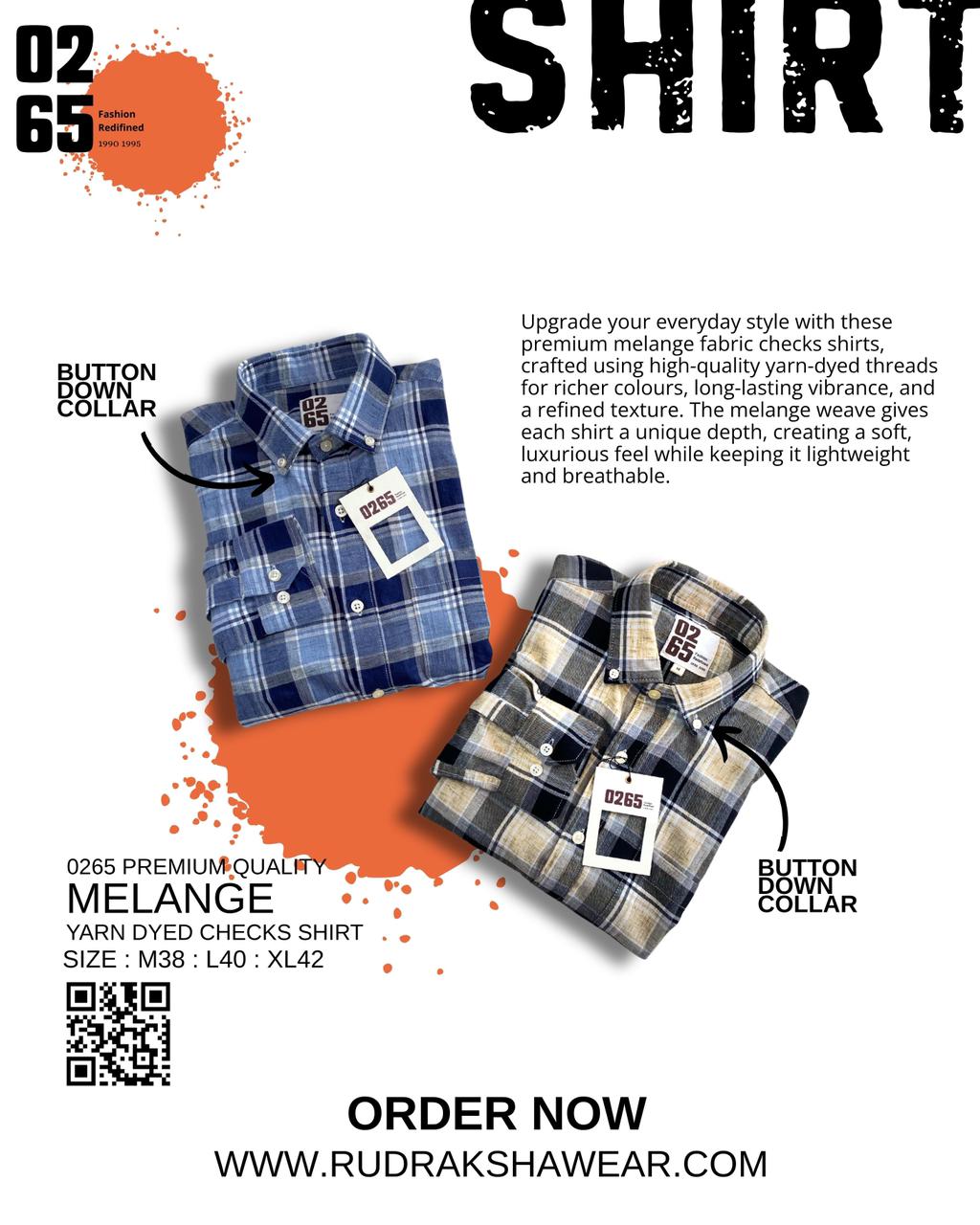 0265 Premium Melange Checks Full Sleeve Shirt | 100% Cotton Fabric | Ultra Soft Feel | Button Down Collars | Back Side Pleated | Yarn Dyed Fabric