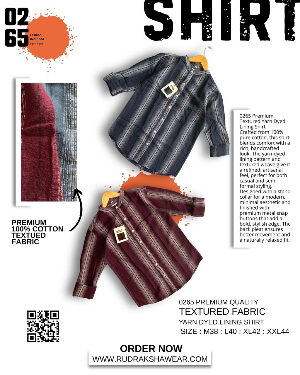 0265 Premium Quality Textured Fabric Vertical Lining Full Sleeve Shirt | Yarn Dyed 100 % Cotton | Mandarin Collar | Back Side Box Pleated