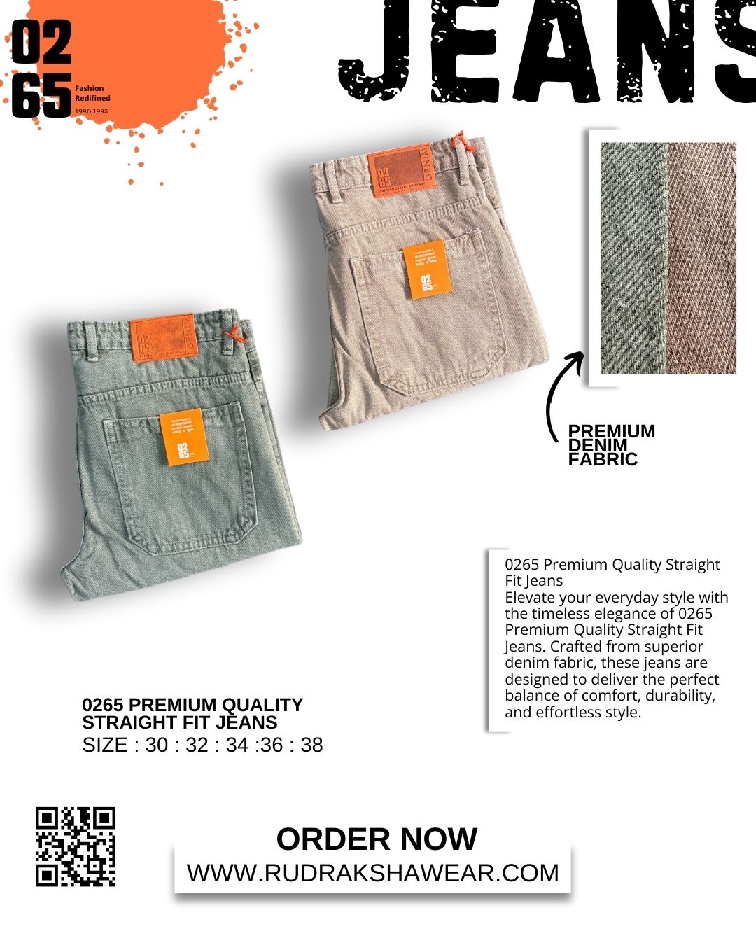 0265 PREMIUM STRAIGHT FIT JEANS | MERGING WHISKER| NON LYCRA | 42” Length (Copy)