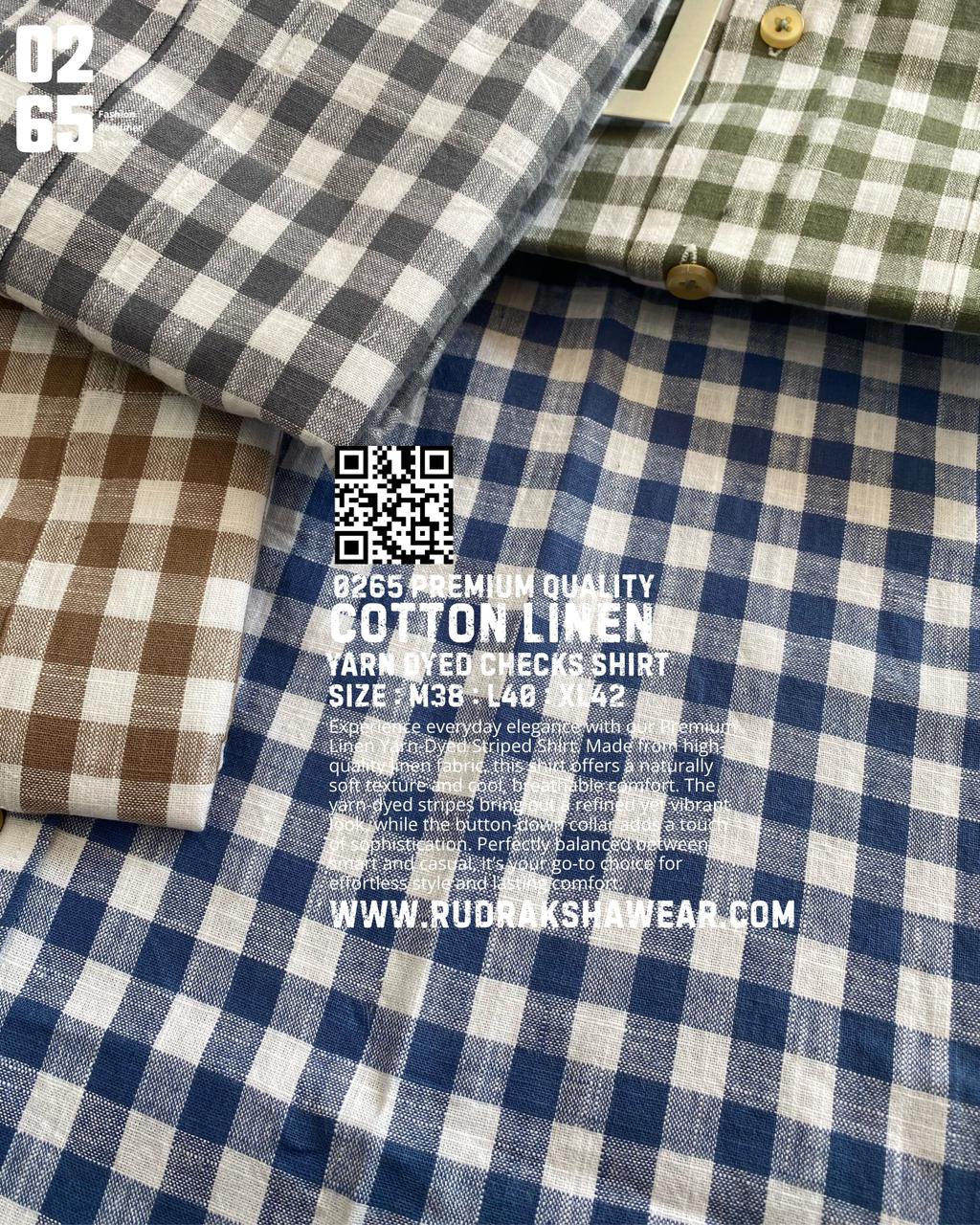 0265 Small Checks Cotton Linen Full Sleeve Shirt | Yarn Dyed | Button Down Collar |  Back Side Box Pleated