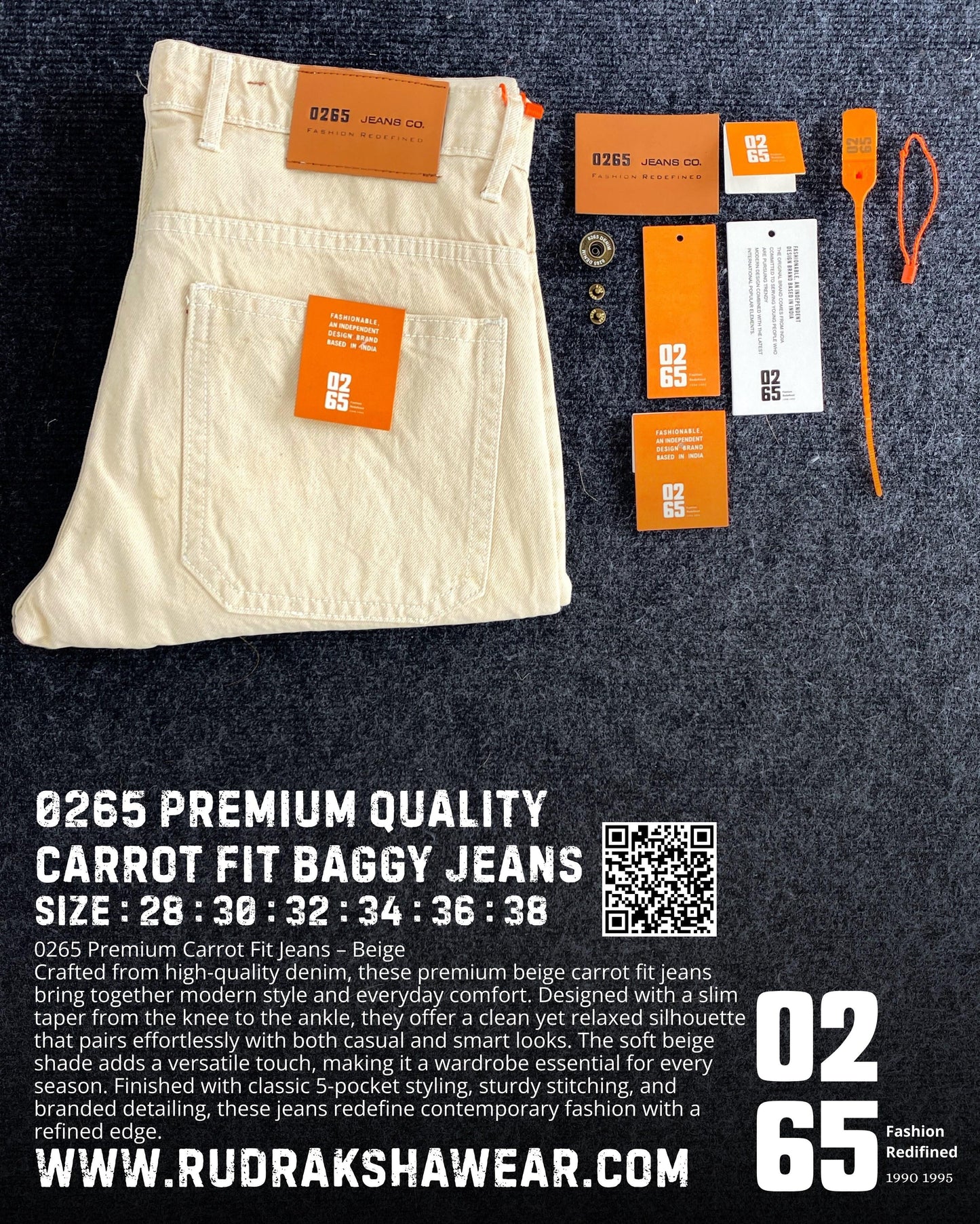 0265 Carrot Fit Baggy Jeans | Beige | Non Stretchable | Length 39”/40”