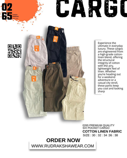 0265 Premium 6 pockets cargo | Cotton Linen Fabric | Box Pocket on side | Belt loops | Drawstring | Durable elastic band on waist | Trending Article