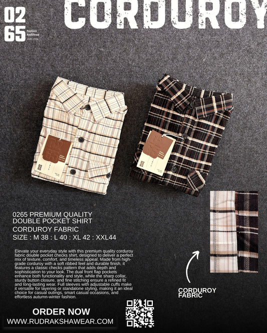 0265 Premium Corduroy Double Pocket Full Sleeve Shirts | Back Side Box Pleated | Yarn Dyed Checks