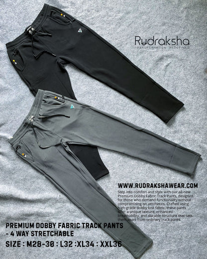 Premium Dobby Stretchable Track Pant - With Two front side pocket zippers -1  Back Side Flap Pocket