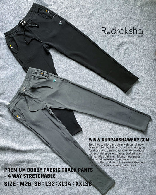 Premium Dobby Stretchable Track Pant - With Two front side pocket zippers -1  Back Side Flap Pocket