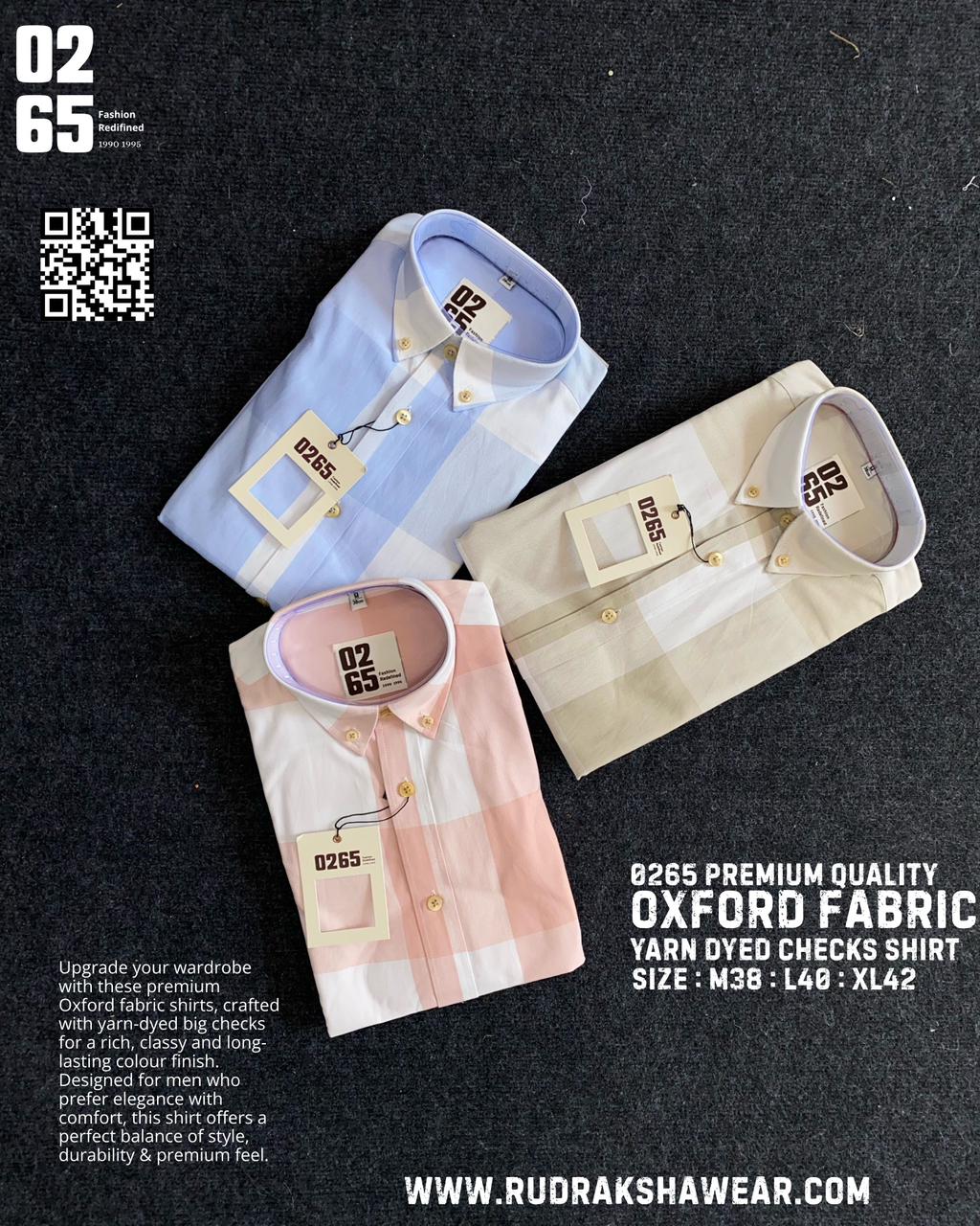 0265 Premium Oxford Fabric Full Sleeve Big Checks Shirt | Yarn Dyed | Button Down Collar | Back Side Box Pleated