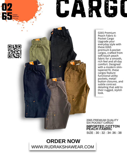 0265 Premium Imported Cotton Peach Fabric 6 Pocket Cargo | Orange Bar Tacks | Smooth Finished Fabric | Elastic Waistband With Drawstring | For All Day Comfort & Style