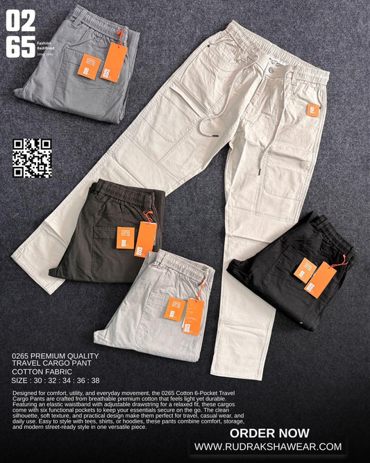0265 Six Pocket Cargo Travel Pant | Made for travel | 100% Cotton Fabric | Trendy Design | Elastic Band On Waist With Drawstring | Comfort In Every Move