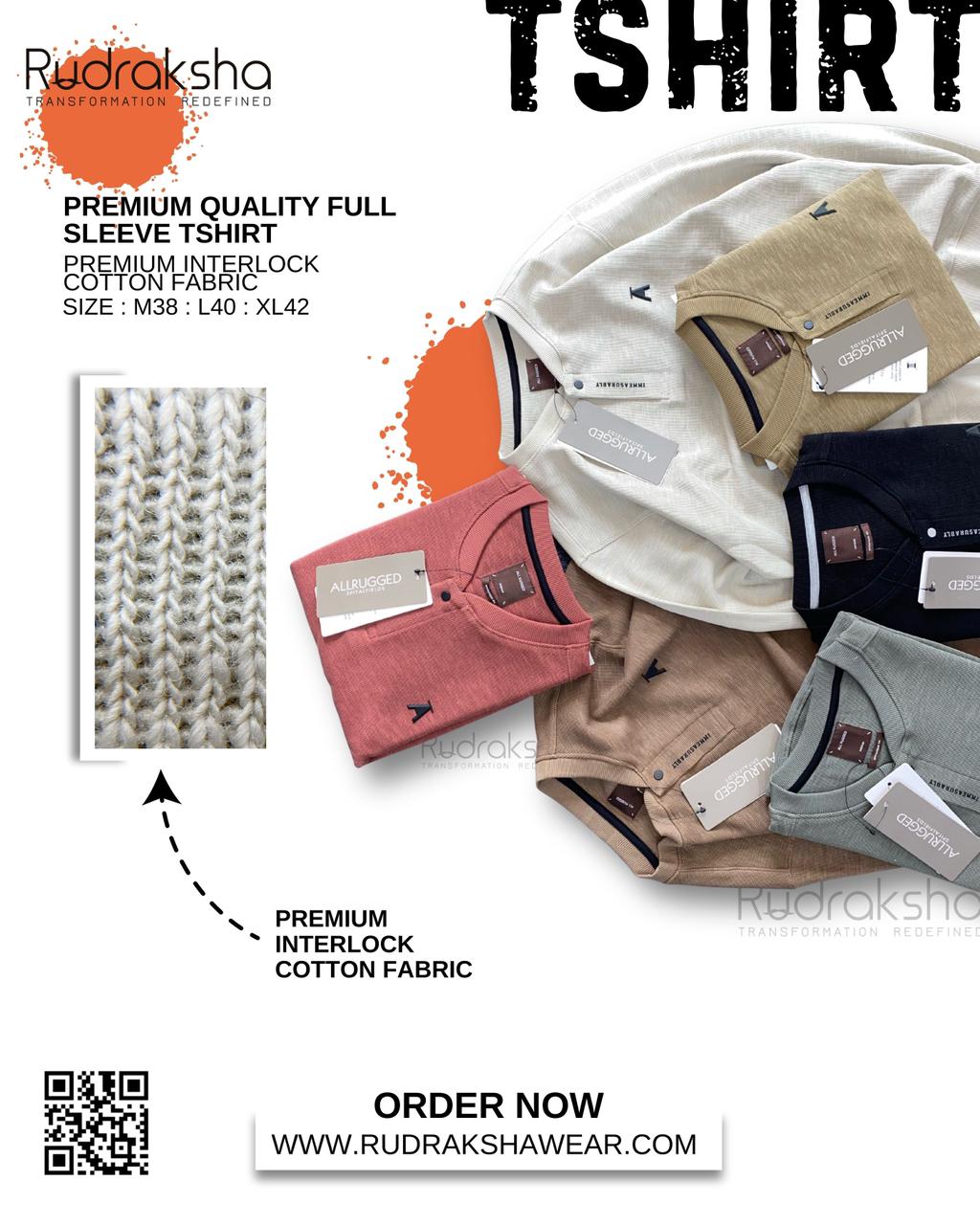 Premium Full Sleeve T-shirts | 100% Cotton Interlock Fabric | Flat Stand Collar