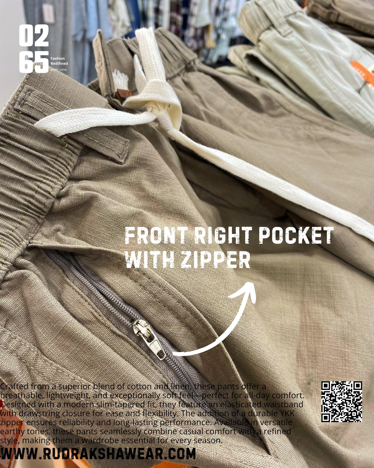 0265 Premium Cotton Linen Casual Pant | Front Right Pocket With Zipper | Length 40"