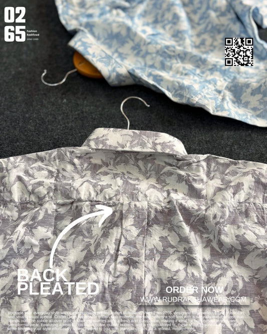 0265 Cotton Slub Printed Fabric Full Sleeve Shirt | Backside box pleated | Button Down Collar