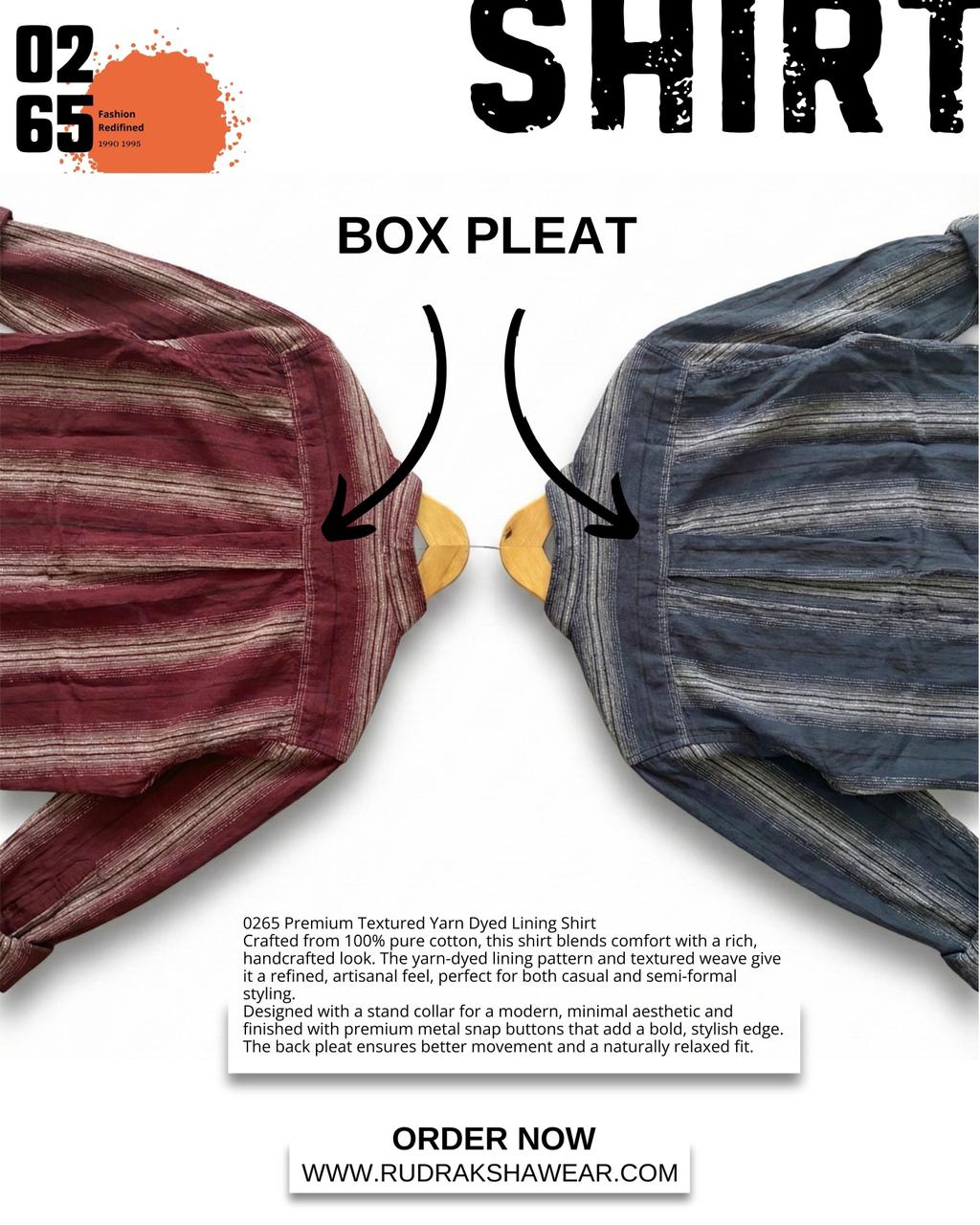 0265 Premium Quality Textured Fabric Vertical Lining Full Sleeve Shirt | Yarn Dyed 100 % Cotton | Mandarin Collar | Back Side Box Pleated