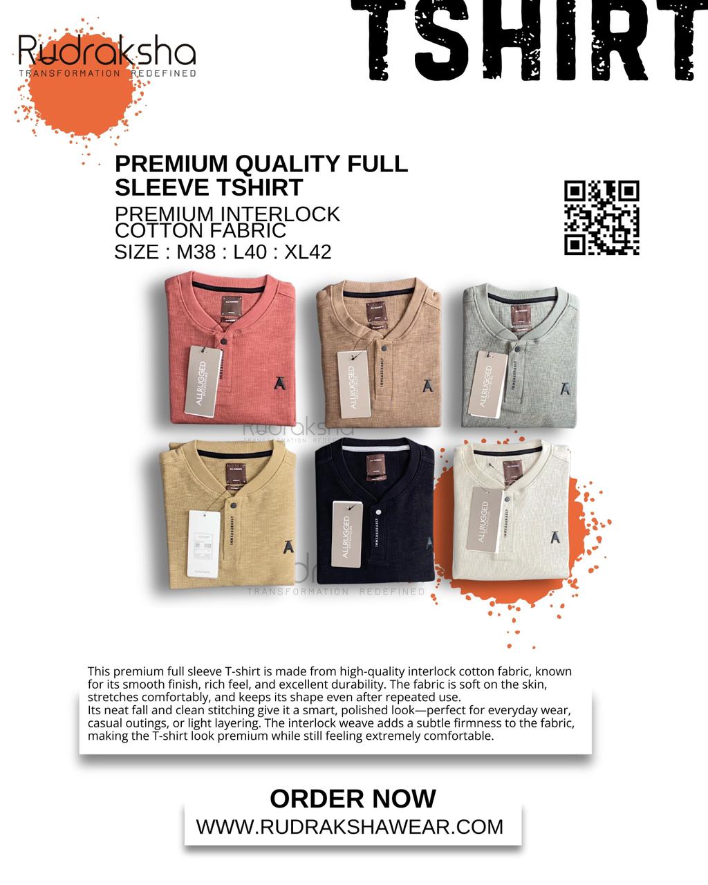 Premium Full Sleeve T-shirts | 100% Cotton Interlock Fabric | Flat Stand Collar