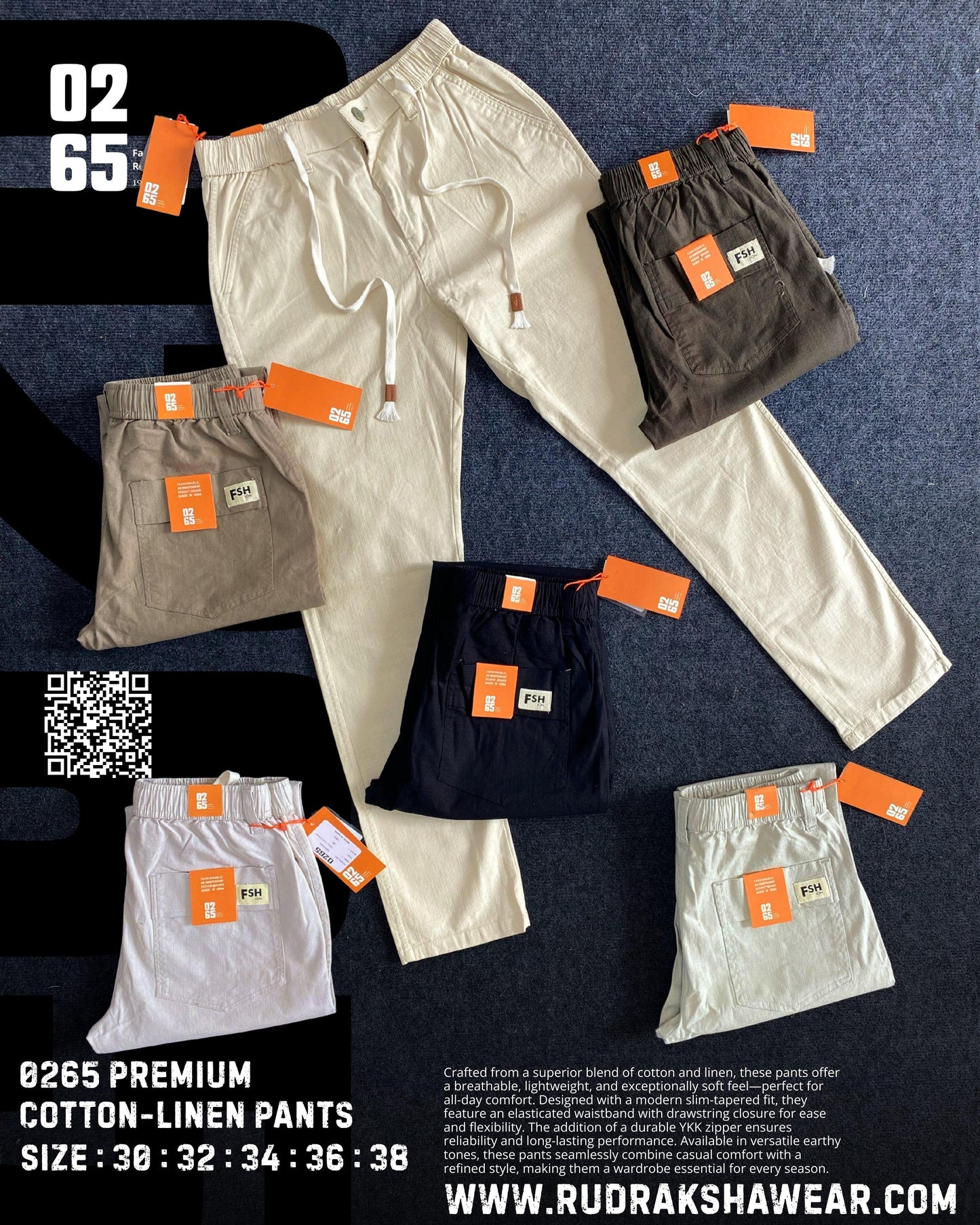 0265 Premium Cotton Linen Casual Pant | Front Right Pocket With Zipper | Length 40"