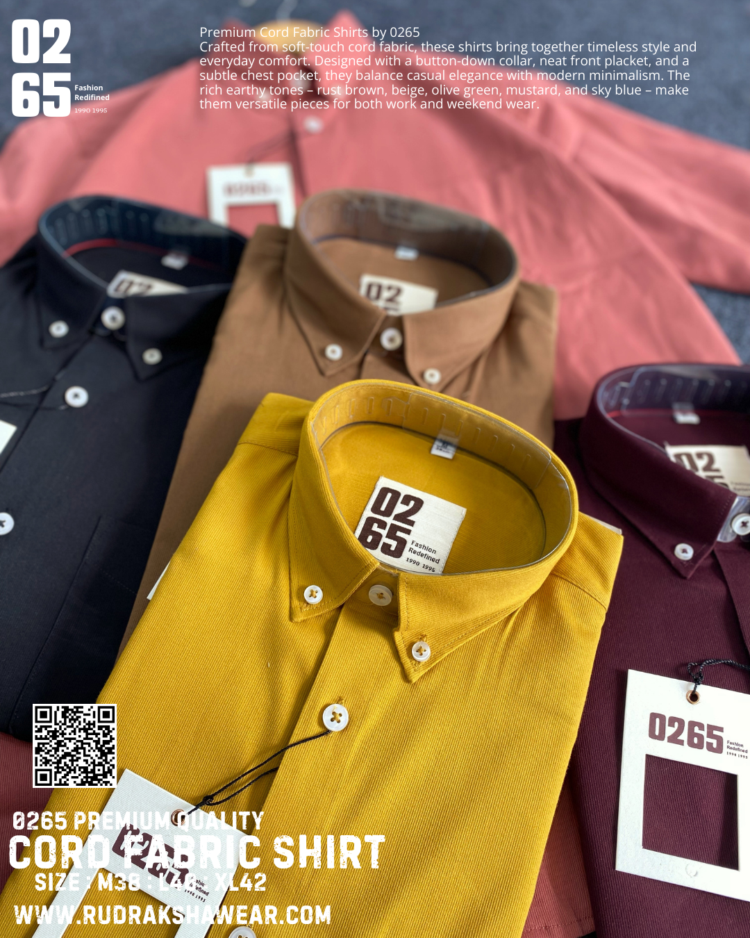 0265 Cord Fabric Full Sleeve Shirt | Button Down Collar | Stretchable | Soft & Comfort