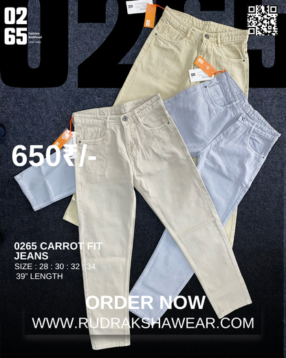 0265 Carrot fit jeans | Non Stretchable | Length 39 " Suitable for Height 5.4" to 5.8"