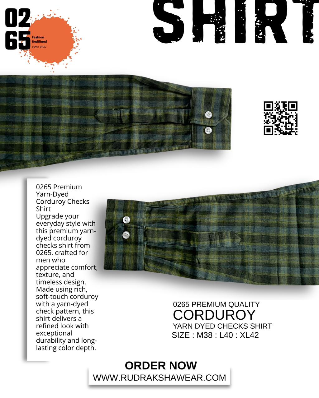 0265 Premium Corduroy Full Sleeve Shirt | Button Down Collar | Back Side Box Pleated | Yarn Dyed Checks