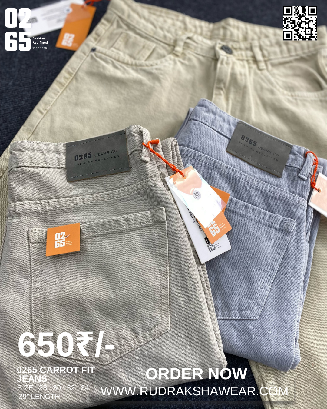 0265 Carrot fit jeans | Non Stretchable | Length 39 " Suitable for Height 5.4" to 5.8"