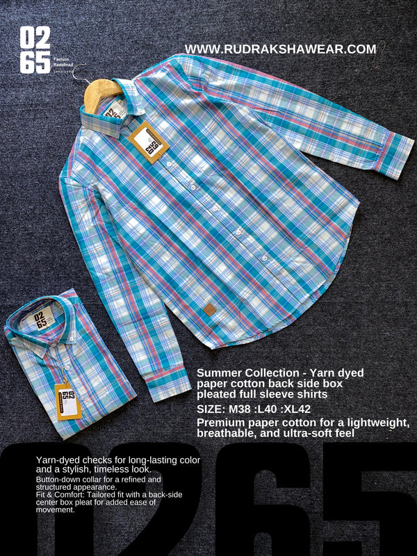 A premium yarn-dyed paper cotton full-sleeve shirt by 0265 featuring a button-down collar, tailored fit, and back-side center box pleat. Designed in vibrant summer shades with a timeless check pattern, offering breathability, comfort, and versatility for casual and semi-formal wear. Perfectly pairs with jeans, chinos, or shorts for a stylish seasonal look.