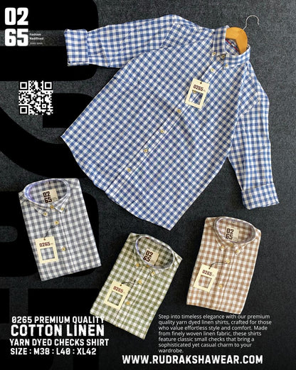 0265 Small Checks Cotton Linen Full Sleeve Shirt | Yarn Dyed | Button Down Collar |  Back Side Box Pleated