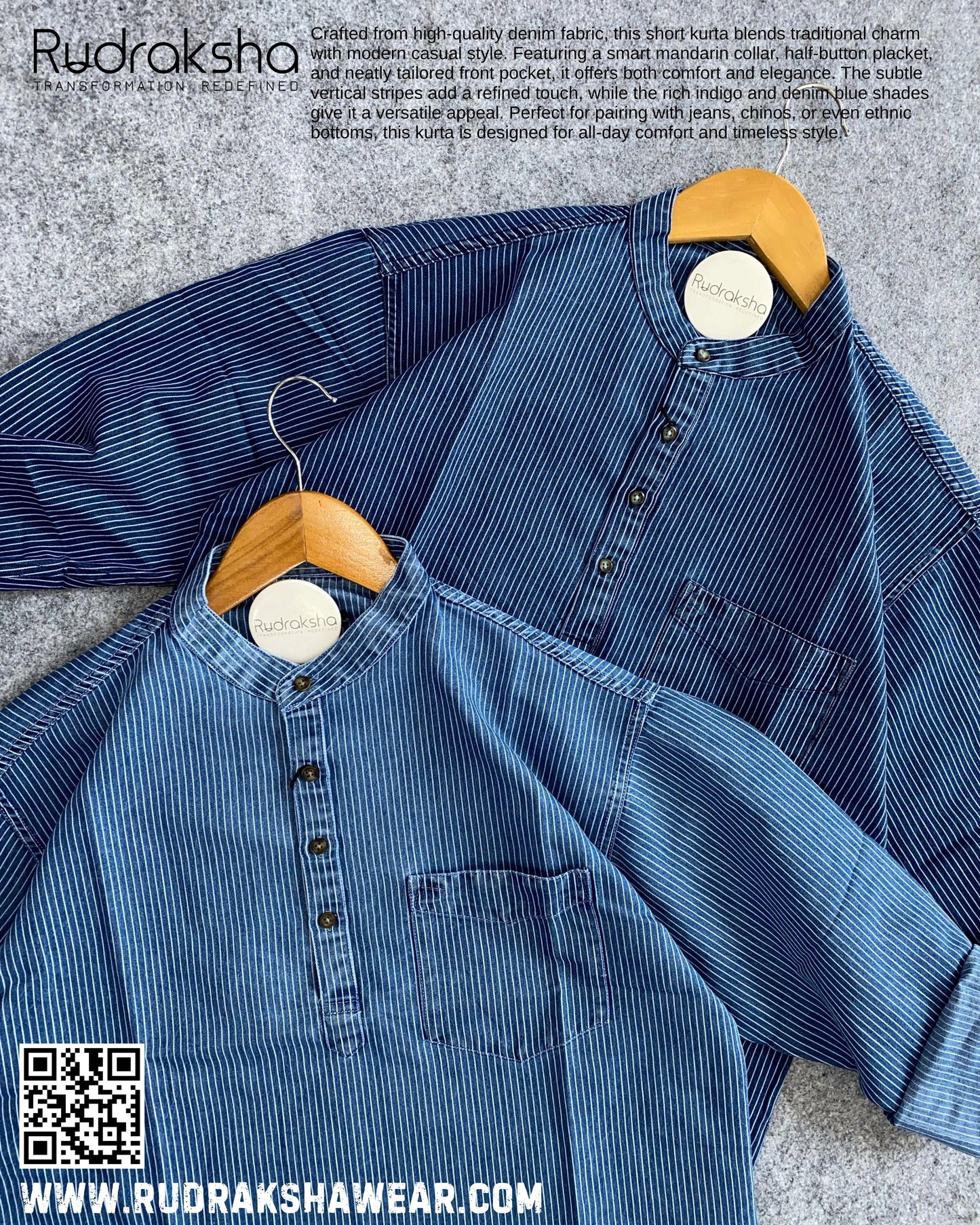 Short Kurta | Full Sleeve | 100% Cotton ￼| Indigo Blue