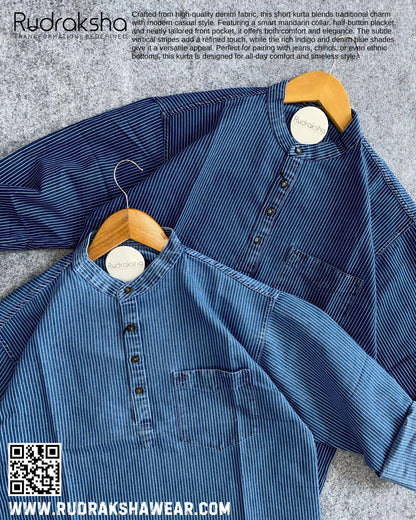 Short Kurta | Full Sleeve | 100% Cotton ￼| Indigo Blue