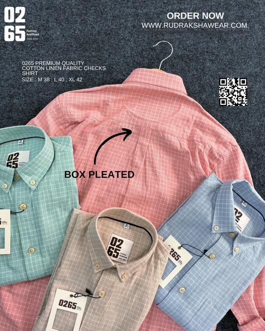 0265 Small Checks Cotton Linen Full Sleeve Shirt | Yarn Dyed | Button Down Collar |  Back Side Box Pleated