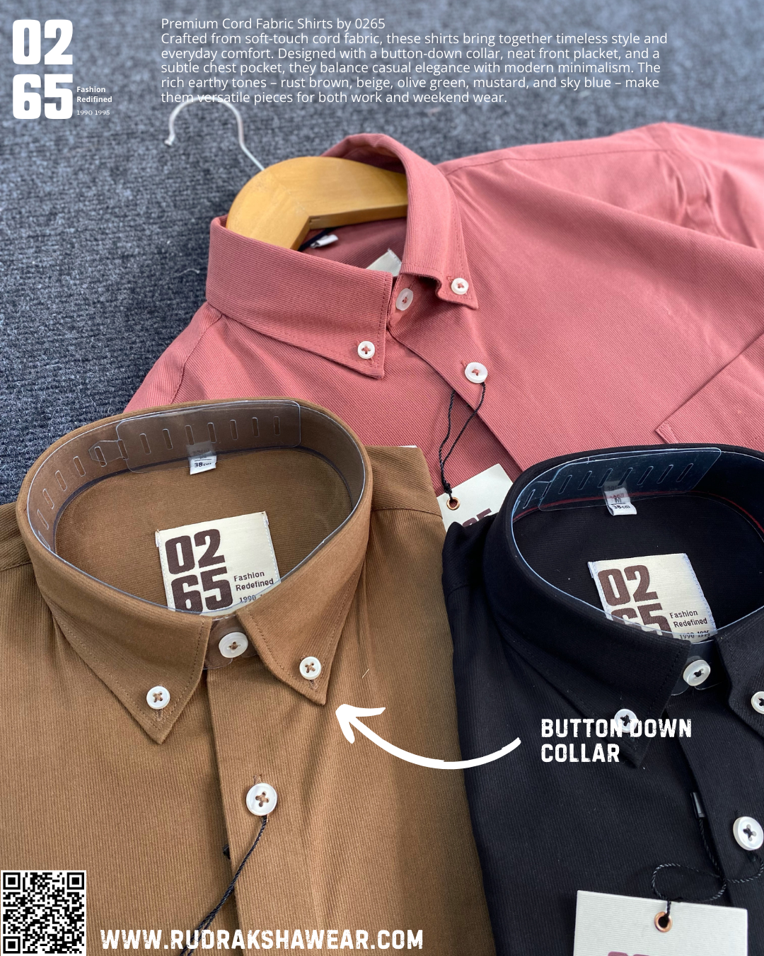 0265 Cord Fabric Full Sleeve Shirt | Button Down Collar | Stretchable | Soft & Comfort
