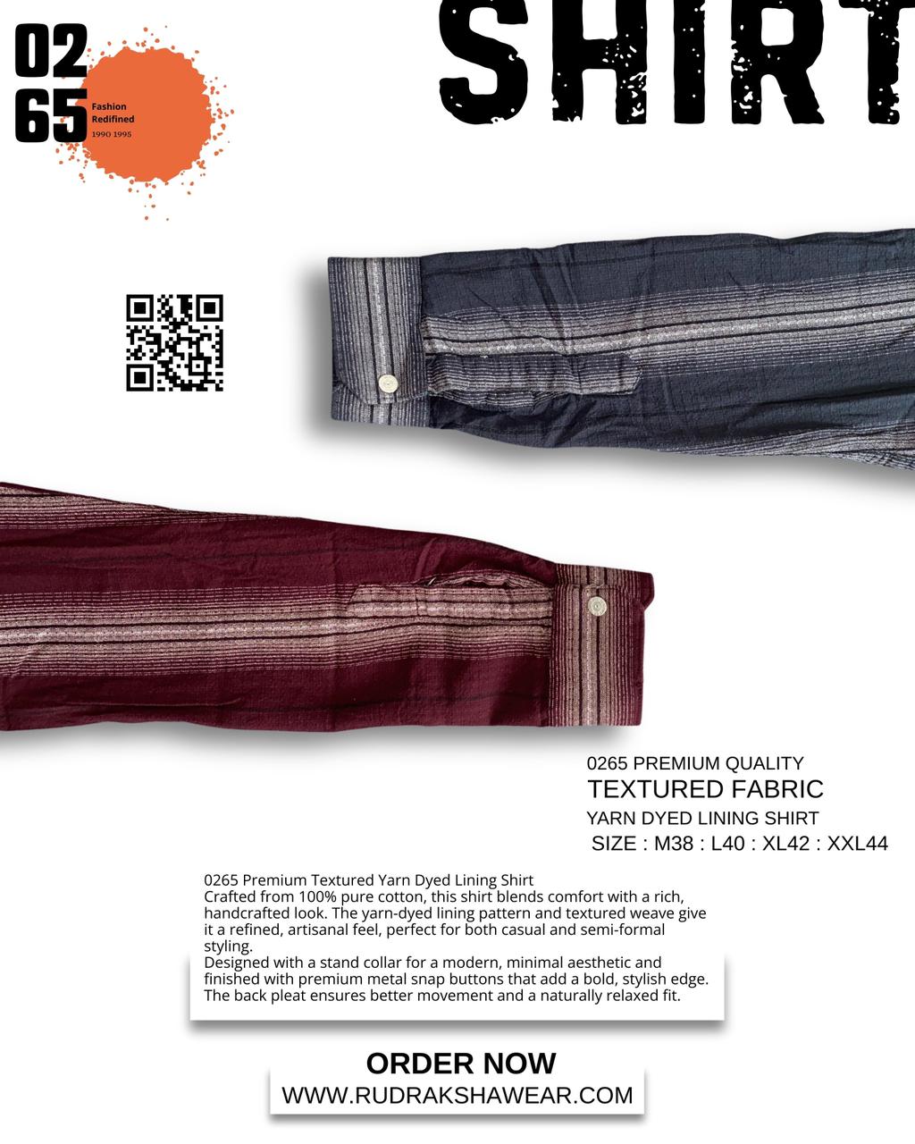 0265 Premium Quality Textured Fabric Vertical Lining Full Sleeve Shirt | Yarn Dyed 100 % Cotton | Mandarin Collar | Back Side Box Pleated