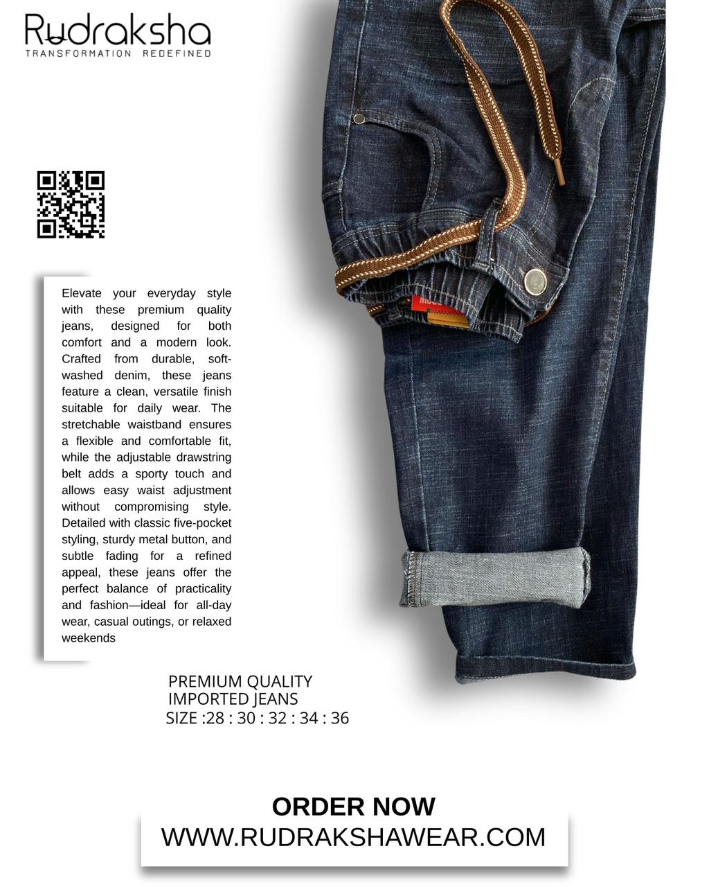 Imported Stretch Ankle-Length Jeans | Fade-Resistant Fabric | Elastic Waist Band With Drawstring