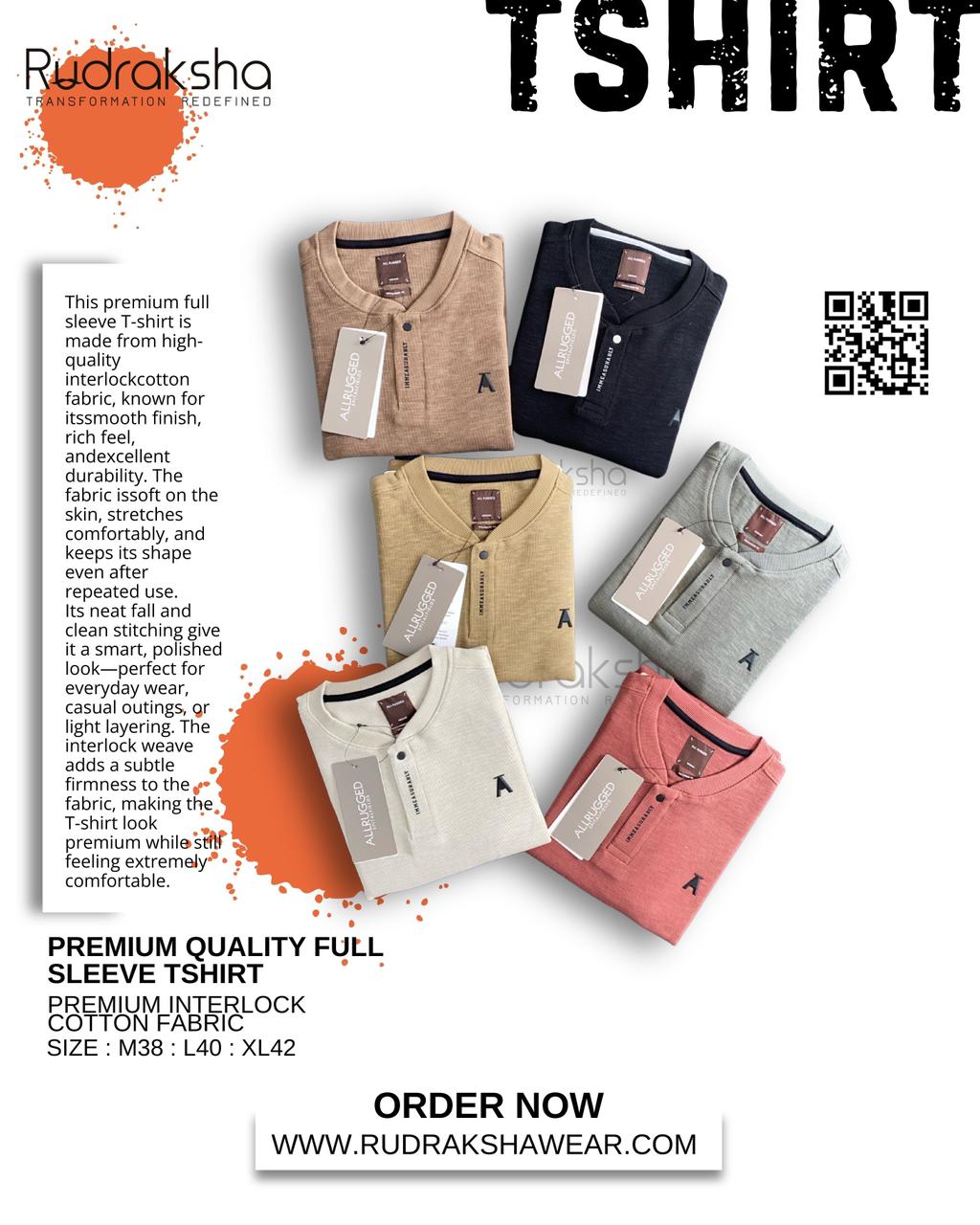 Premium Full Sleeve T-shirts | 100% Cotton Interlock Fabric | Flat Stand Collar