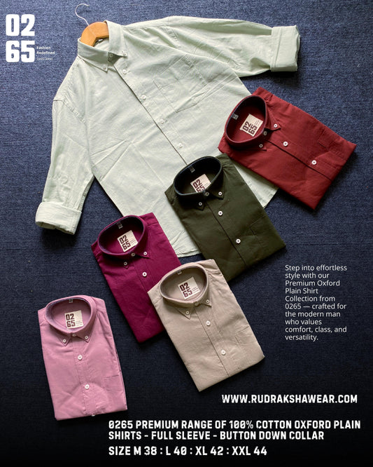 0265 Premium Cotton Oxford - Plain Full Sleeve Shirt - Button Down Collar