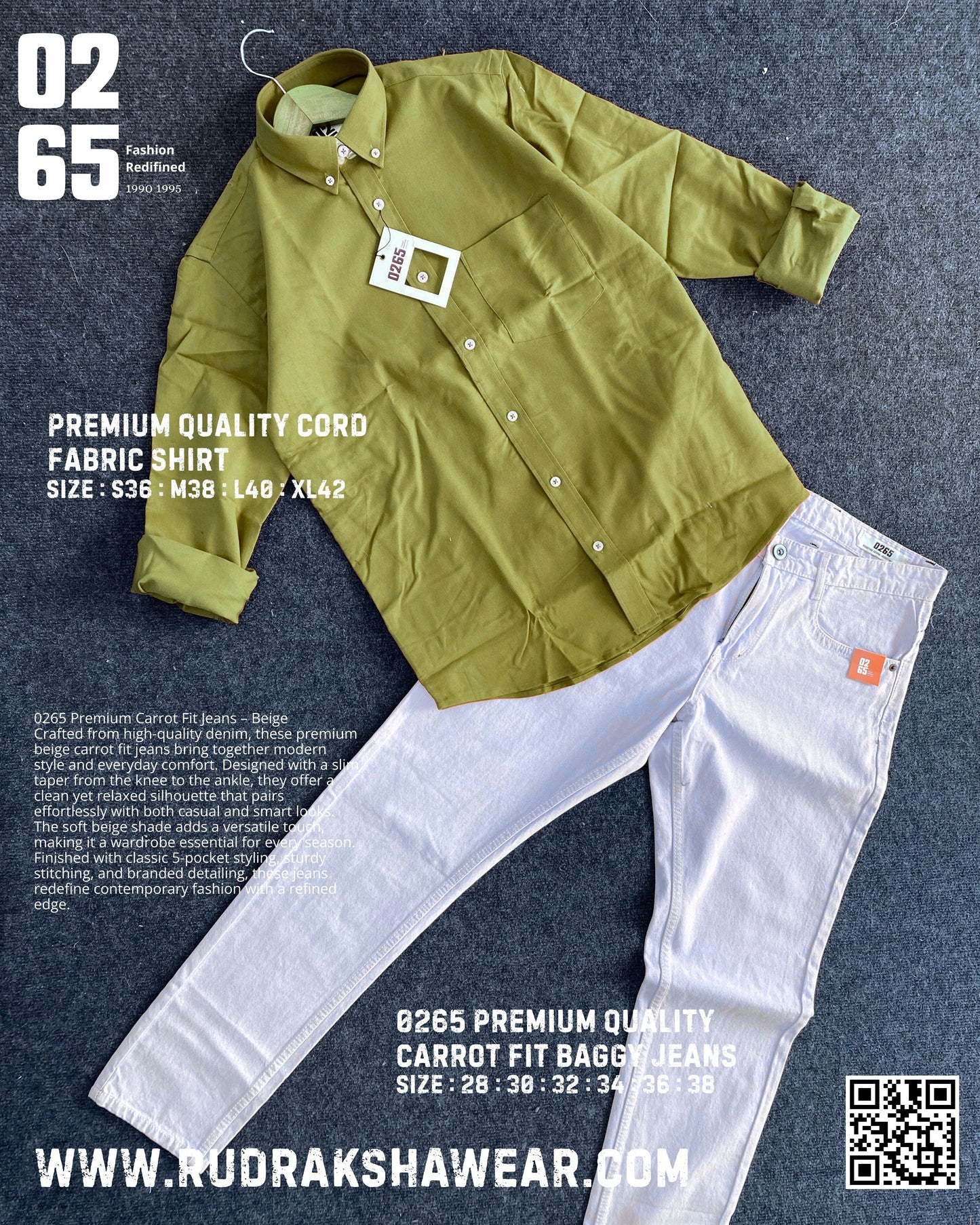 Combo - 0265 Cord Fabric Full Sleeve Shirt + 0265 Carrot Fit Baggy Jeans | Jeans Length 39"/40" | Jeans Non Lycra