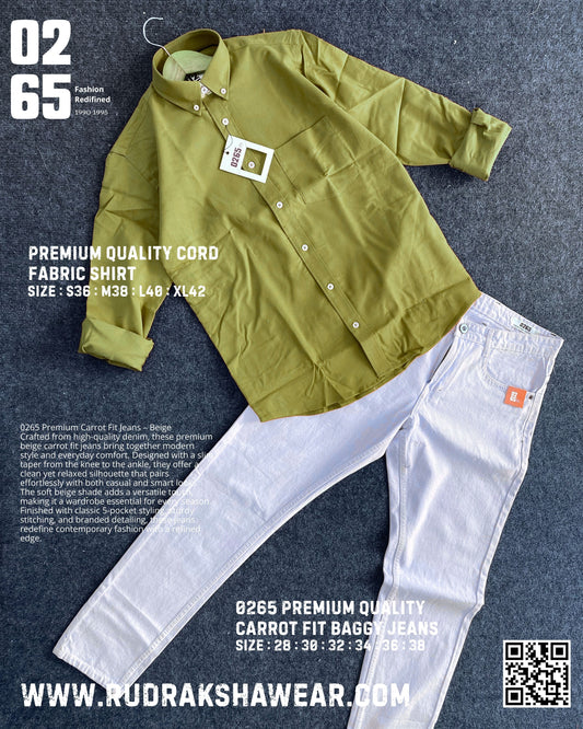 Combo - 0265 Cord Fabric Full Sleeve Shirt + 0265 Carrot Fit Baggy Jeans | Jeans Length 39"/40" | Jeans Non Lycra