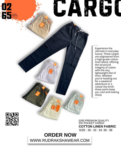 0265 Premium 6 pockets cargo | Cotton Linen Fabric | Box Pocket on side | Belt loops | Drawstring | Durable elastic band on waist | Trending Article