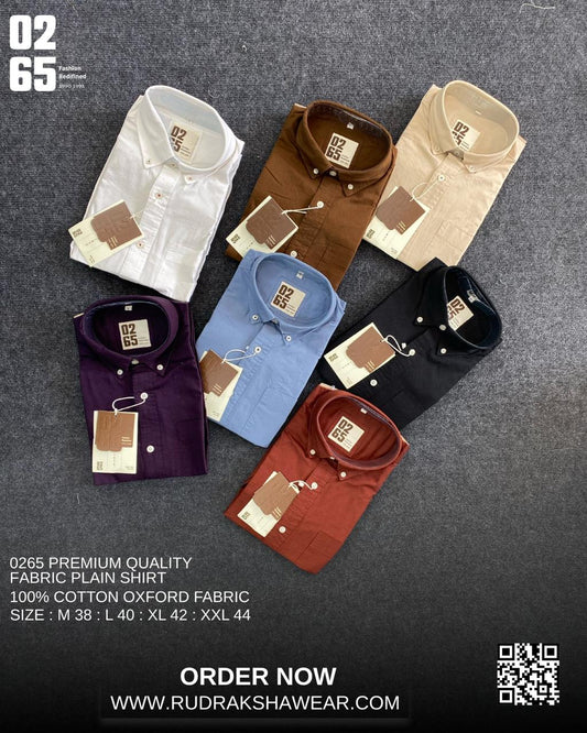 0265 Premium Plain Full Sleeve Shirt | Button Down Collar | Back Side Box Pleated With Loop | 100% Cotton Oxford Fabric