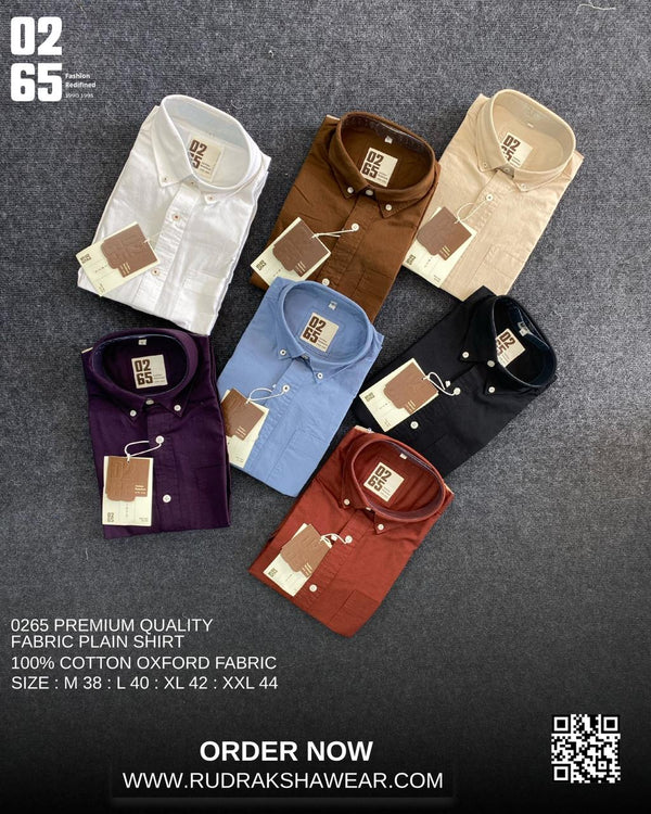 0265 Premium Plain Full Sleeve Shirt | Button Down Collar | Back Side Box Pleated With Loop | 100% Cotton Oxford Fabric