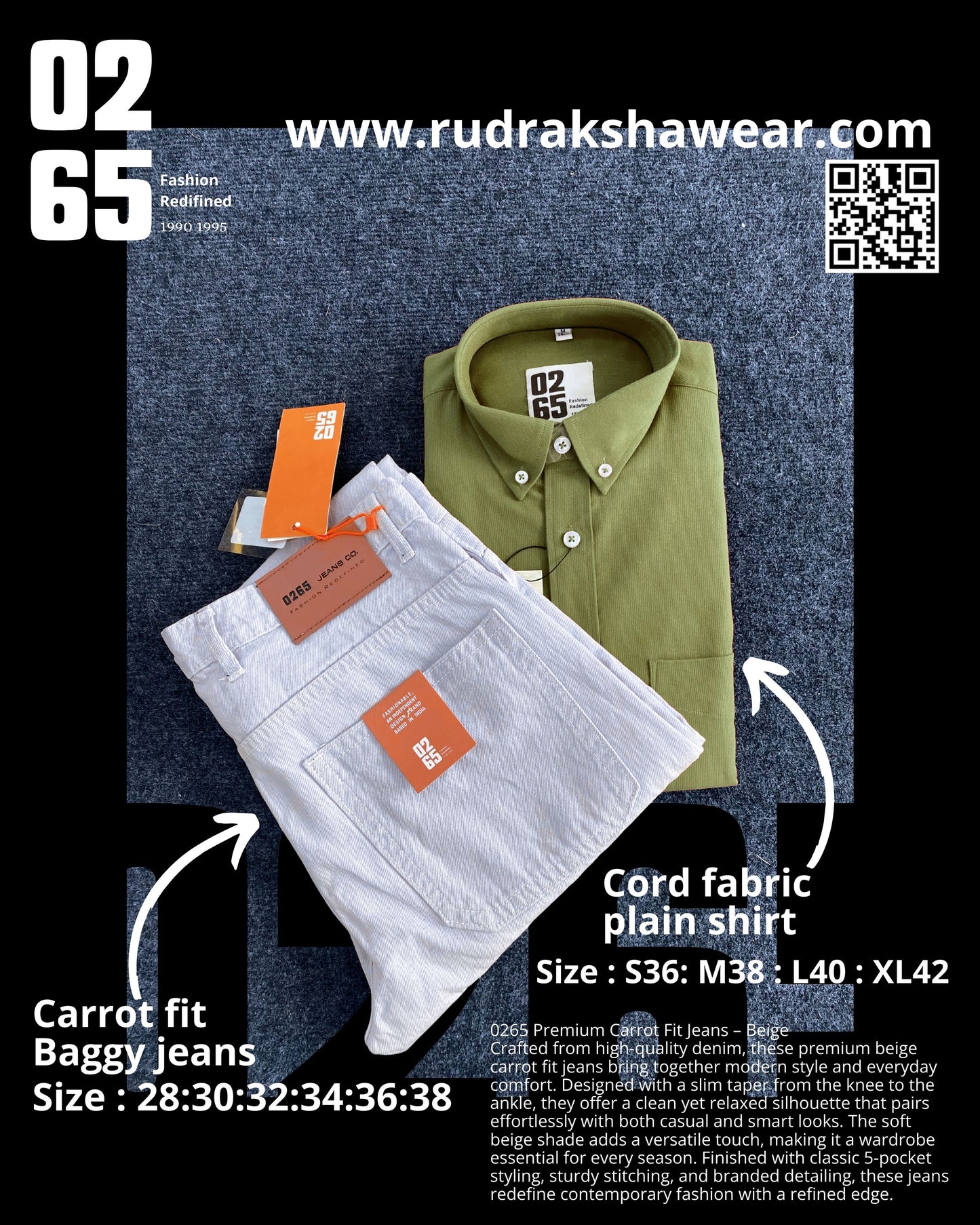 Combo - 0265 Cord Fabric Full Sleeve Shirt + 0265 Carrot Fit Baggy Jeans | Jeans Length 39"/40" | Jeans Non Lycra