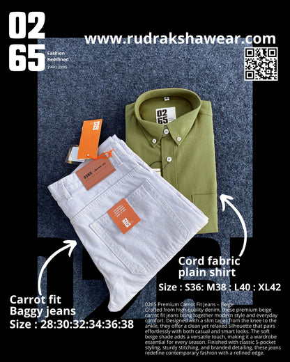 Combo - 0265 Cord Fabric Full Sleeve Shirt + 0265 Carrot Fit Baggy Jeans | Jeans Length 39"/40" | Jeans Non Lycra