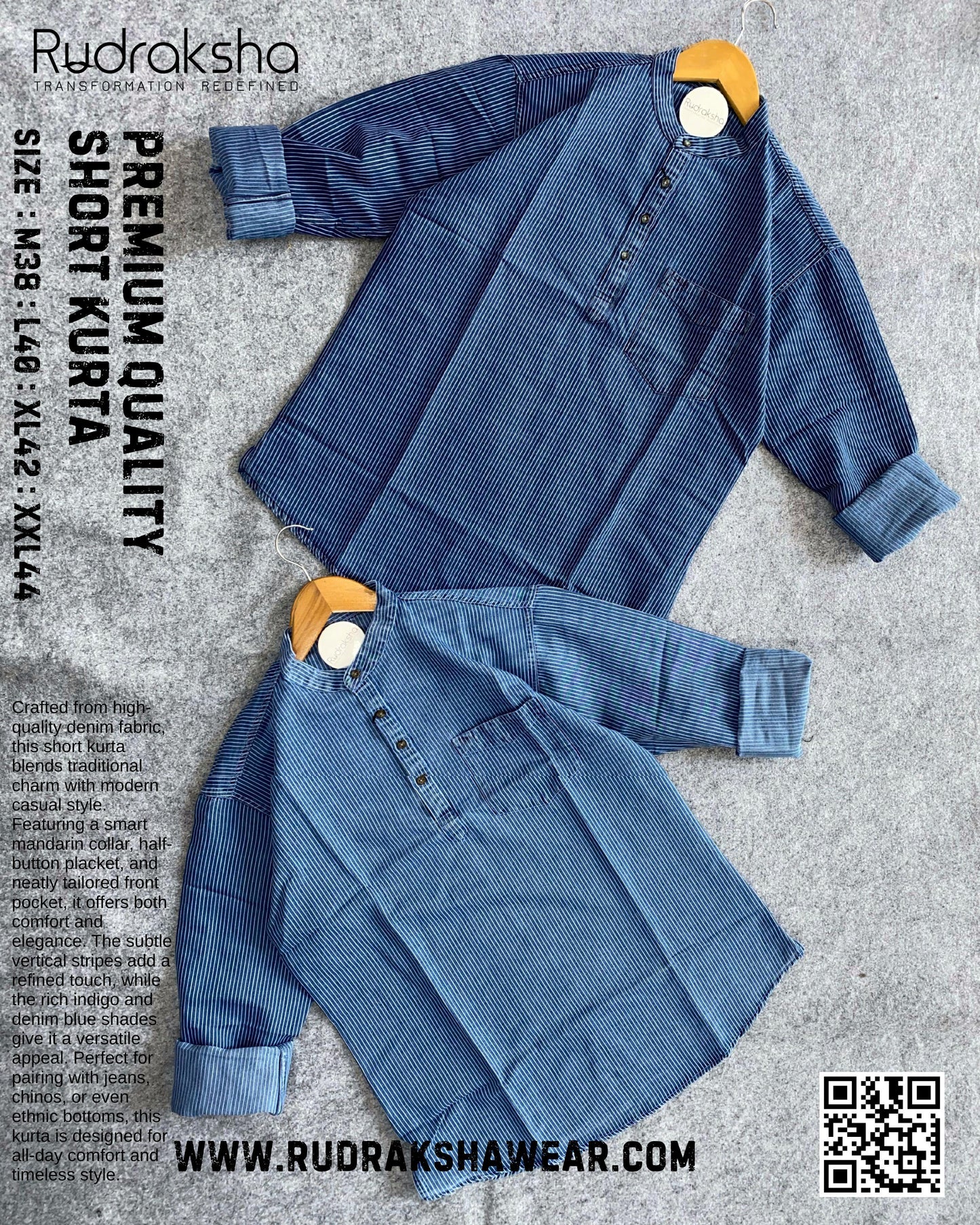 Short Kurta | Full Sleeve | 100% Cotton ￼| Indigo Blue