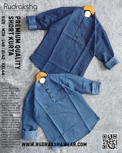 Short Kurta | Full Sleeve | 100% Cotton ￼| Indigo Blue